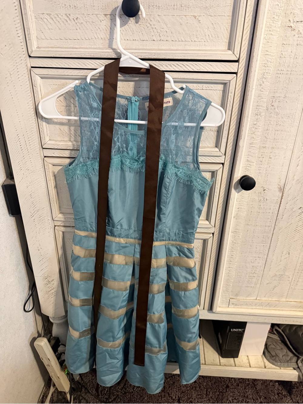 Altar'd State Light Blue Lace-Top Midi Dress with Cream Stripes